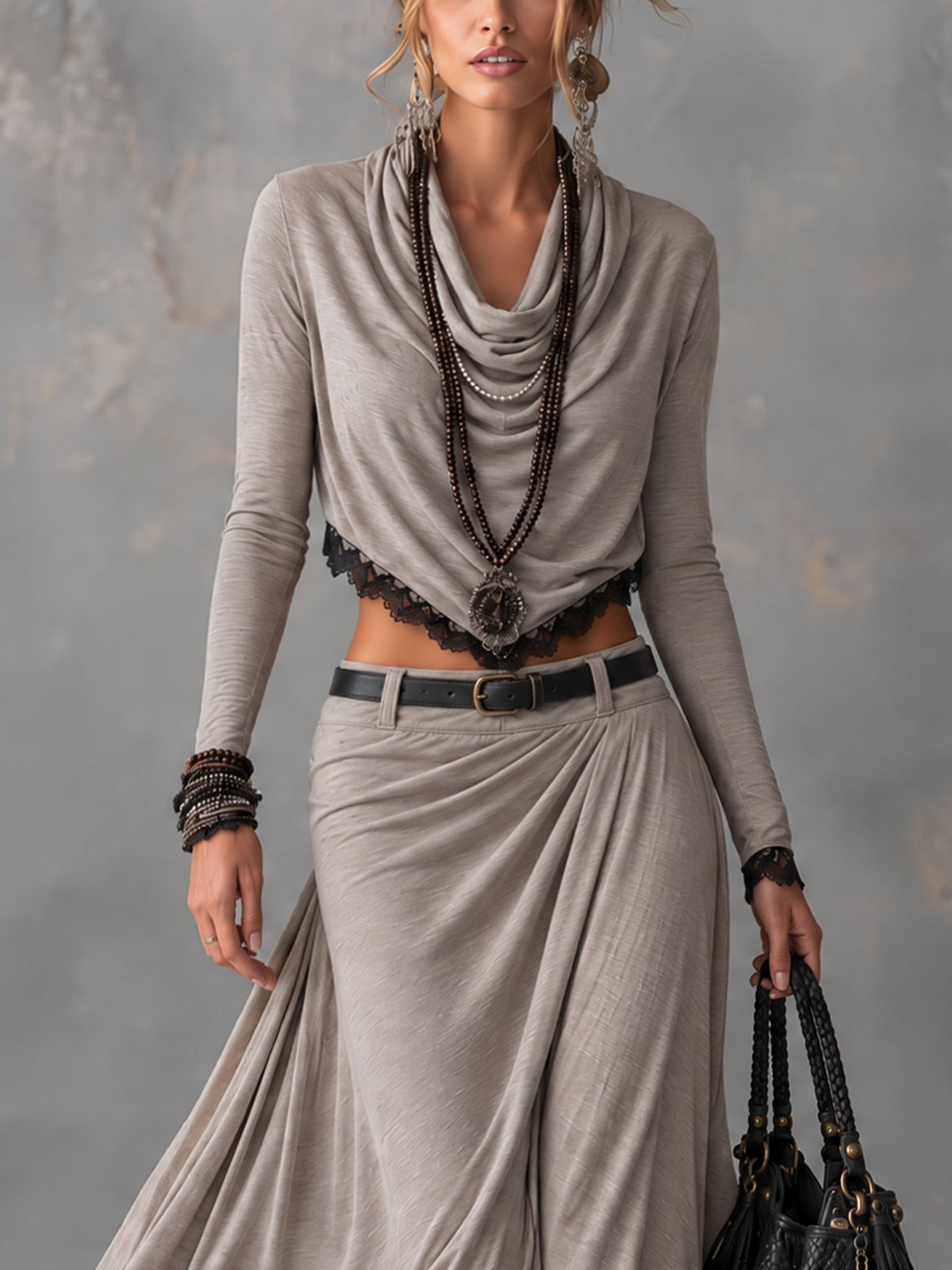 IRIS | Completo Top Corto con Scollo a Cascata e Gonna Lunga con Spacco