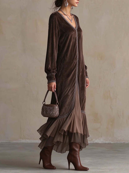 DALILA | Abito Midi Svasato in Suedine Marrone con Scollo a V
