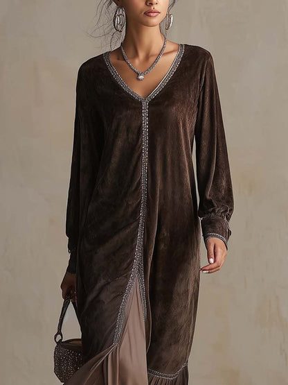 DALILA | Abito Midi Svasato in Suedine Marrone con Scollo a V