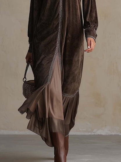 DALILA | Abito Midi Svasato in Suedine Marrone con Scollo a V