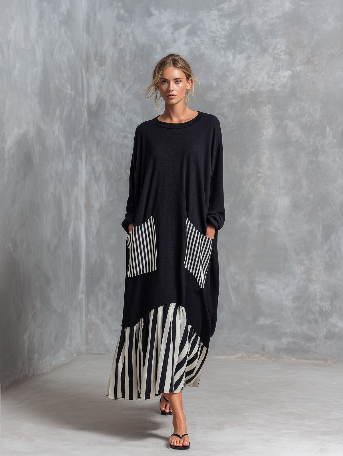 ERSILIA | Abito Lungo Oversize in Cotone con Righe Patchwork