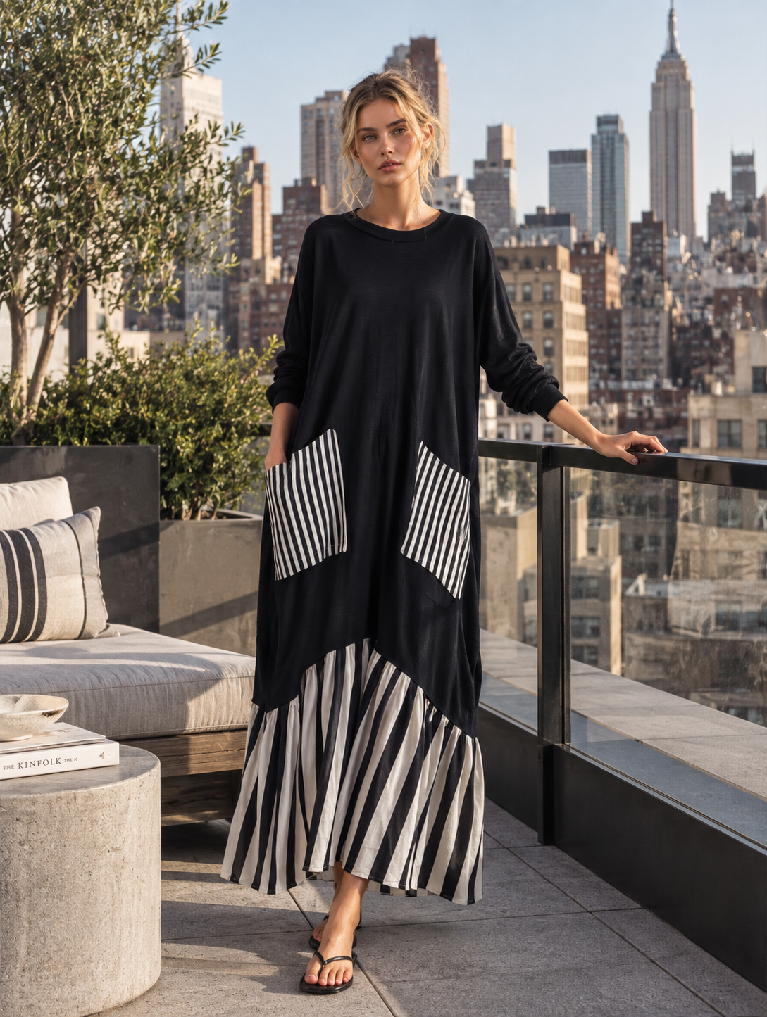 ERSILIA | Abito Lungo Oversize in Cotone con Righe Patchwork