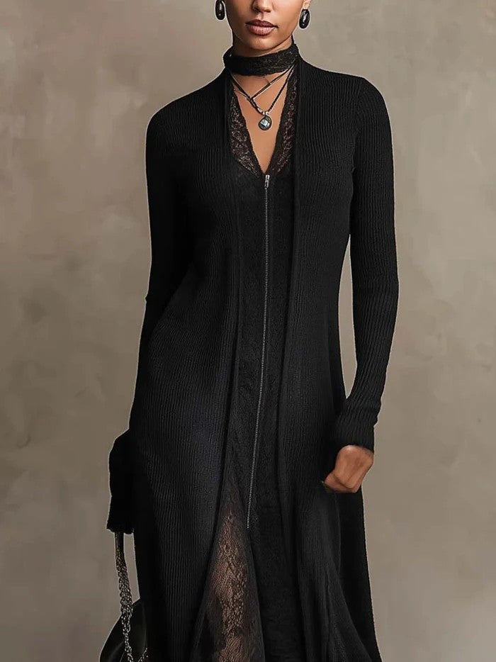 MONICA | Abito Lungo in Maglia a Coste con Inserti in Pizzo e Zip