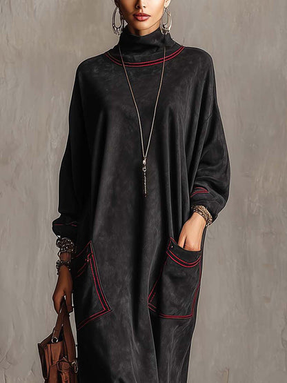 ILENIA | Abito Lungo in Suedine con Cuciture Rosse a Contrasto e Maxi Tasche