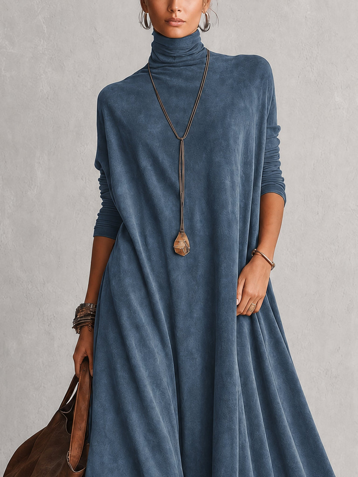 BRUNELLA | Abito Lungo Effetto Scamosciato con Orlo in Pizzo