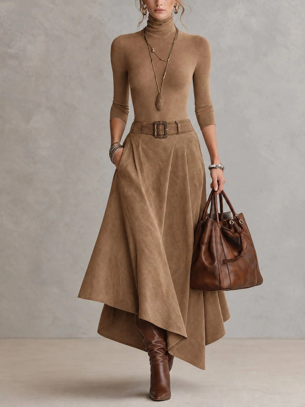 MARTINA | Completo Top Dolcevita e Gonna Midi Asimmetrica con Cintura