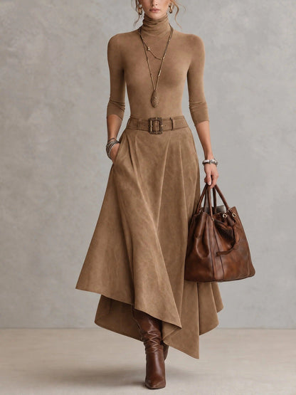 MARTINA | Completo Top Dolcevita e Gonna Midi Asimmetrica con Cintura