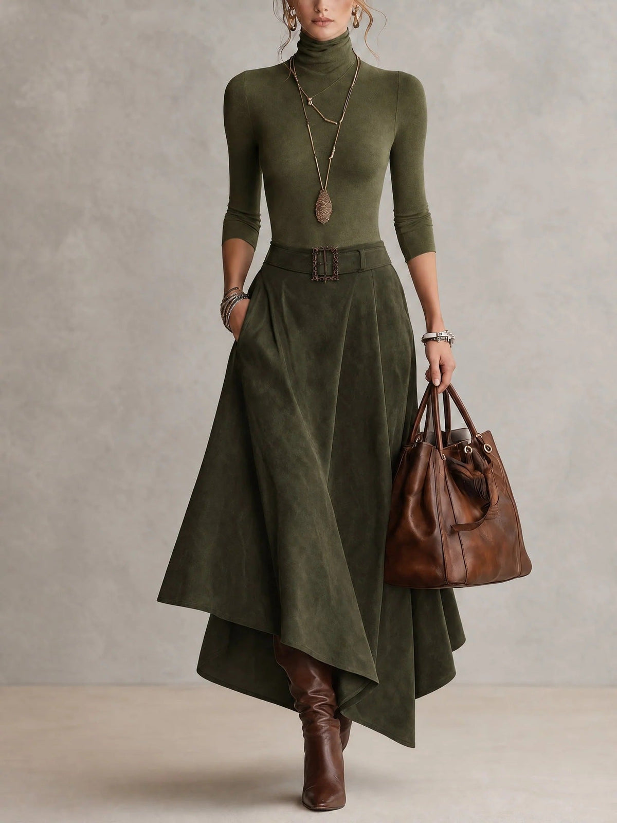 MARTINA | Completo Top Dolcevita e Gonna Midi Asimmetrica con Cintura
