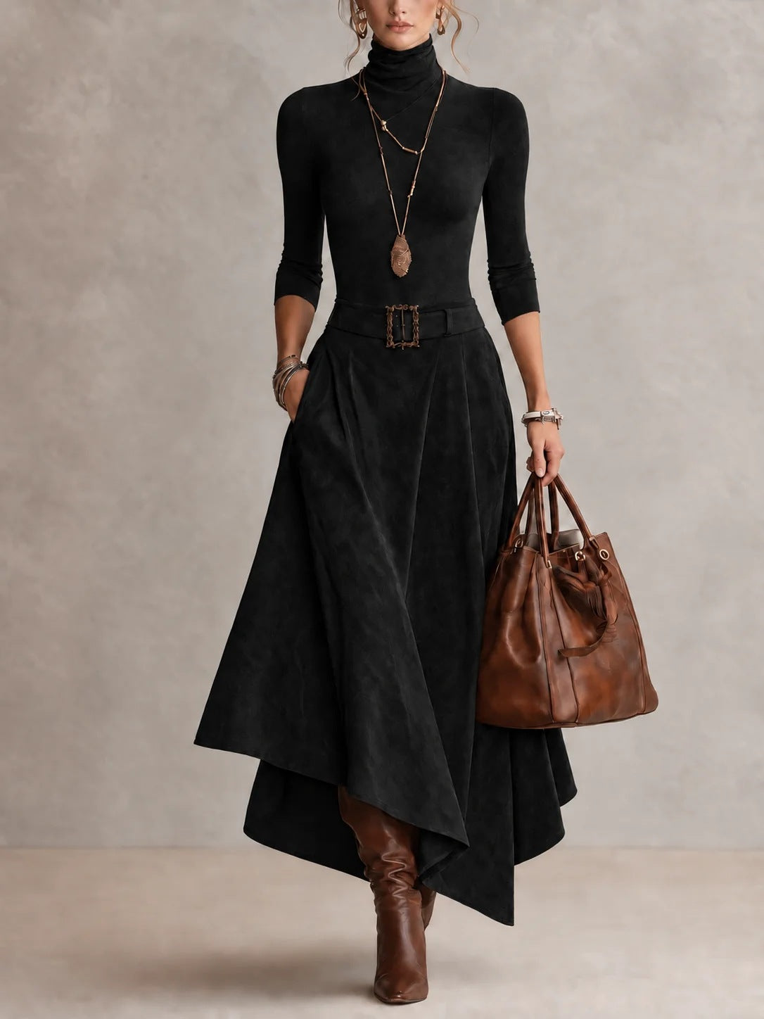 MARTINA | Completo Top Dolcevita e Gonna Midi Asimmetrica con Cintura