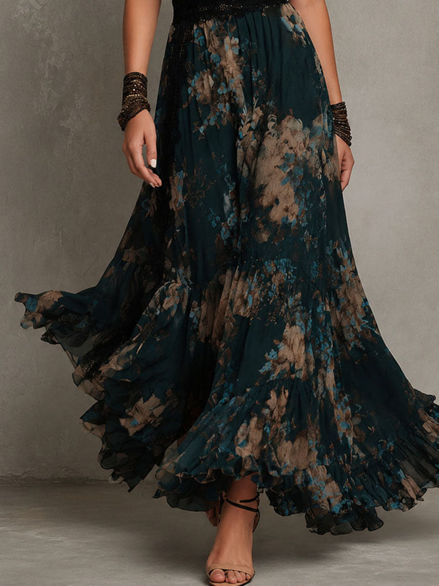 CLEMENTINA | Abito Lungo Vintage in Chiffon Verde Scuro con Pizzo Floreale