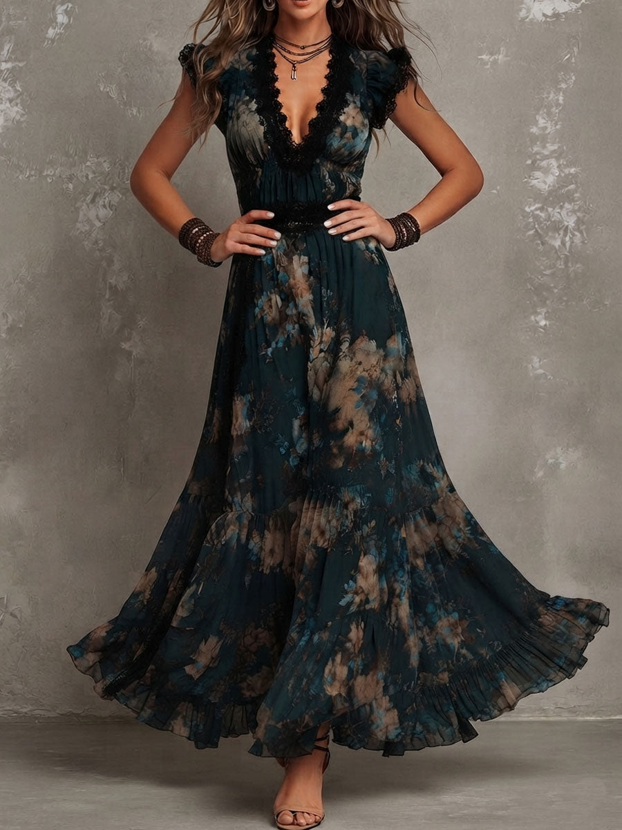 CLEMENTINA | Abito Lungo Vintage in Chiffon Verde Scuro con Pizzo Floreale