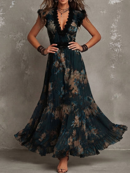 CLEMENTINA | Abito Lungo Vintage in Chiffon Verde Scuro con Pizzo Floreale