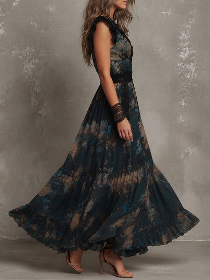 CLEMENTINA | Abito Lungo Vintage in Chiffon Verde Scuro con Pizzo Floreale