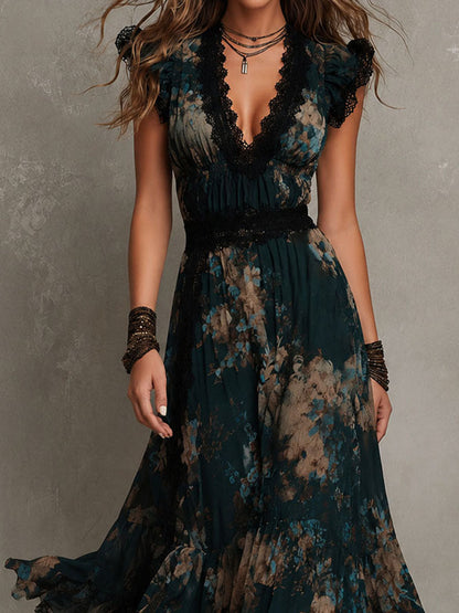CLEMENTINA | Abito Lungo Vintage in Chiffon Verde Scuro con Pizzo Floreale