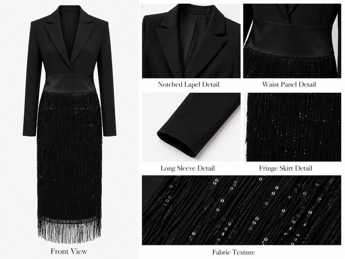 LEONORA | Abito Midi Stile Blazer Nero con Paillettes e Frange