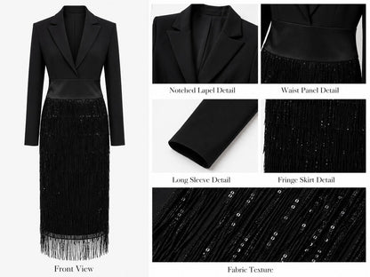 LEONORA | Abito Midi Stile Blazer Nero con Paillettes e Frange
