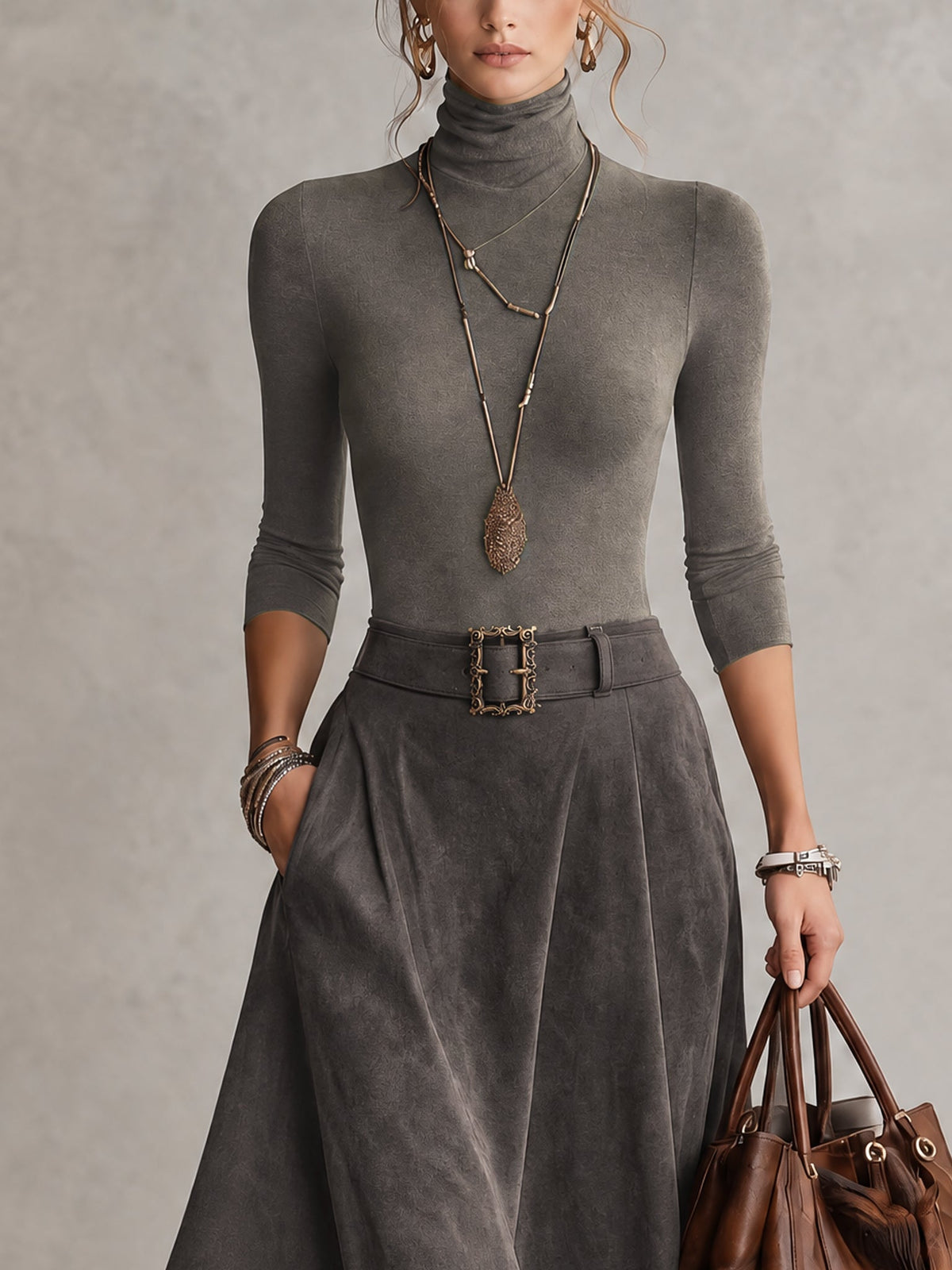 MARTINA | Completo Top Dolcevita e Gonna Midi Asimmetrica con Cintura