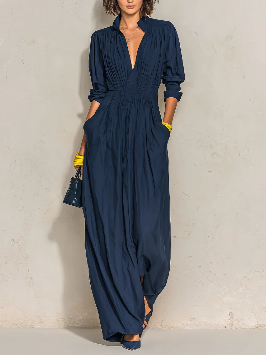 AZZURRA | Abito Lungo Plissettato Blu Navy con Scollo a V