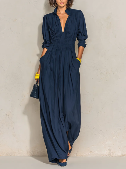 AZZURRA | Abito Lungo Plissettato Blu Navy con Scollo a V