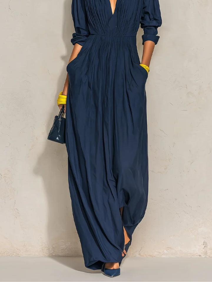 AZZURRA | Abito Lungo Plissettato Blu Navy con Scollo a V