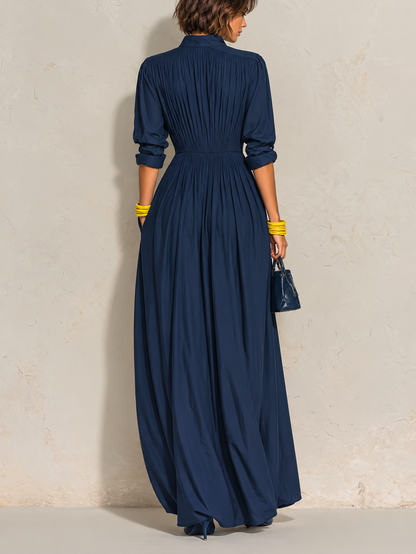 AZZURRA | Abito Lungo Plissettato Blu Navy con Scollo a V