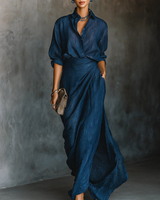 Sara | Completo Camicia Stropicciata e Gonna Lunga a Portafoglio, Blu Scuro