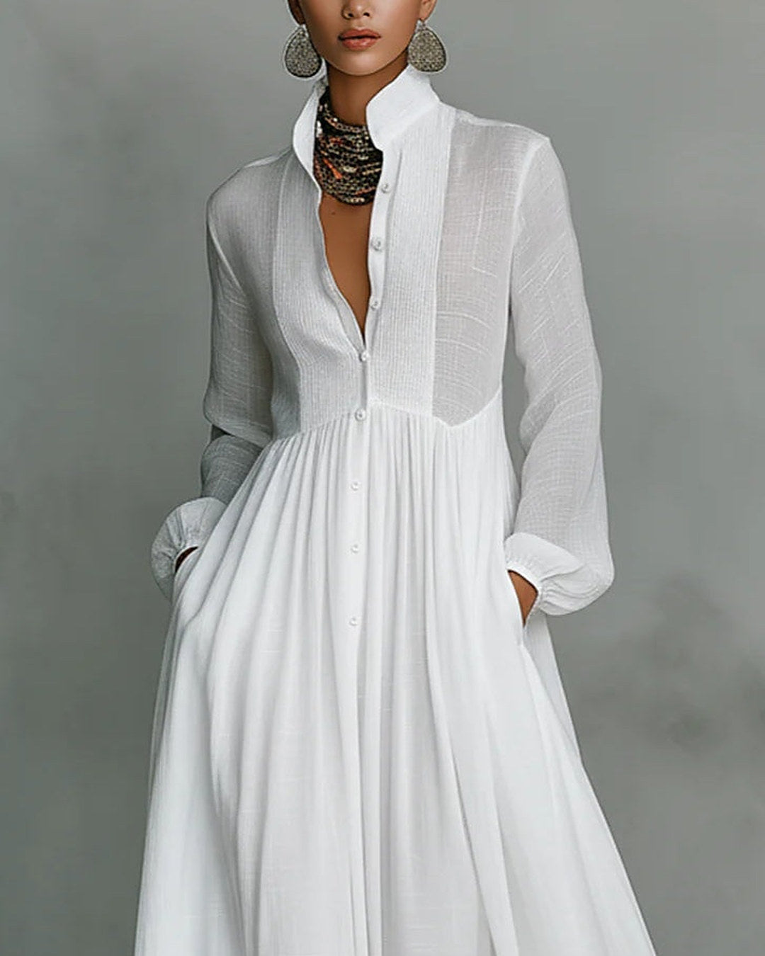 Leonora | Abito Lungo Minimal con Collo Coreano, Bianco