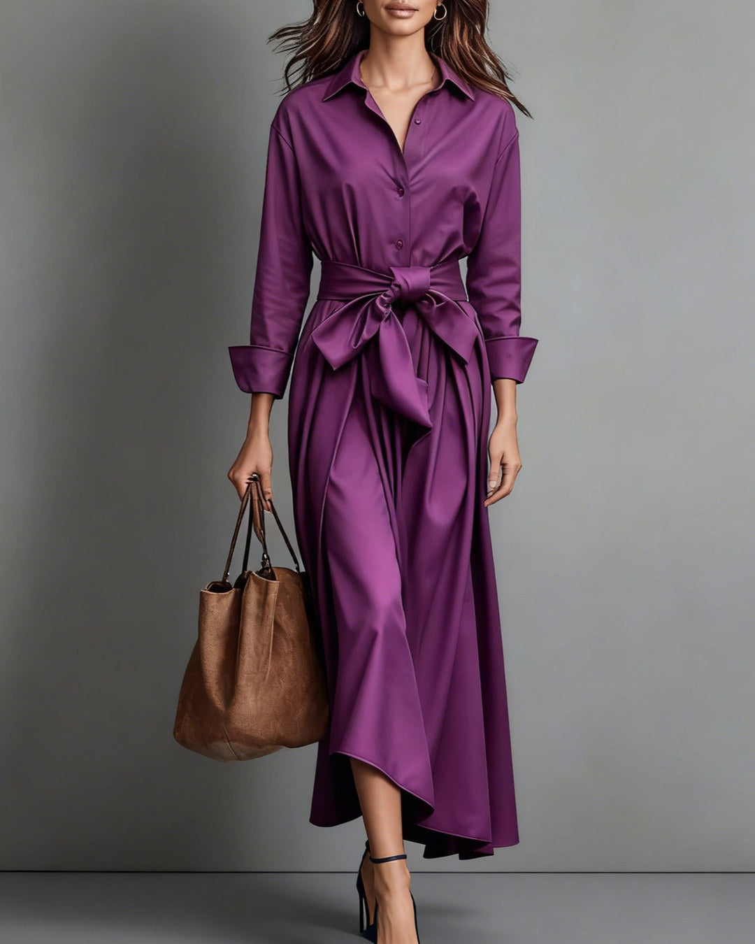 Marisa | Abito a Camicia Midi con Fiocco in Vita