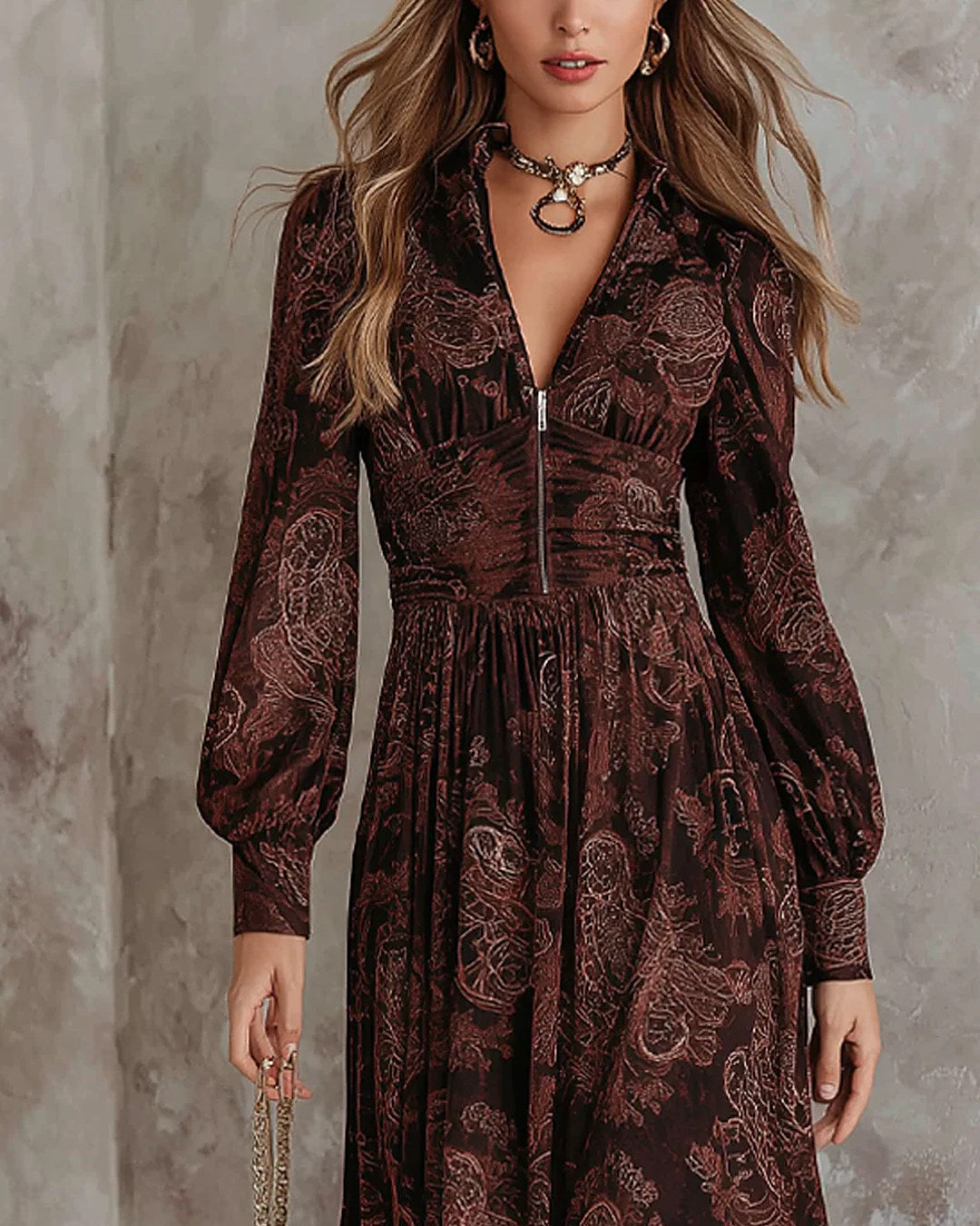 Arianna | Abito Lungo Paisley con Vita Segnata, Marrone