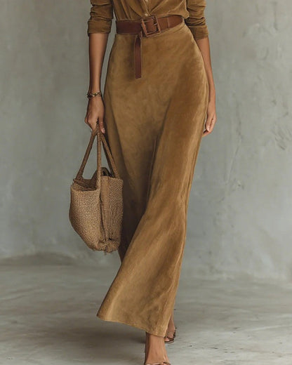 Giada | Abito Lungo Effetto Suede con Colletto a Camicia e Cintura