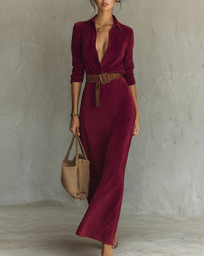 Giada | Abito Lungo Effetto Suede con Colletto a Camicia e Cintura