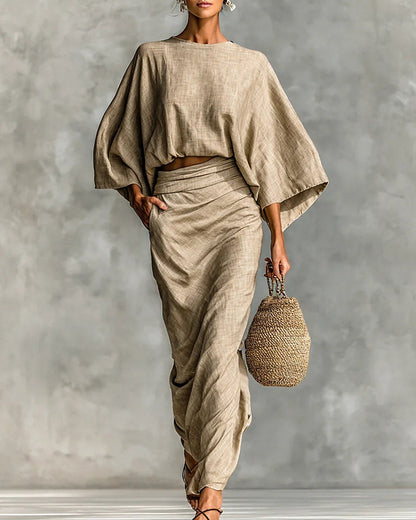Giulia | Completo Top Corto a Pipistrello e Gonna Lunga Drappeggiata, Kaki