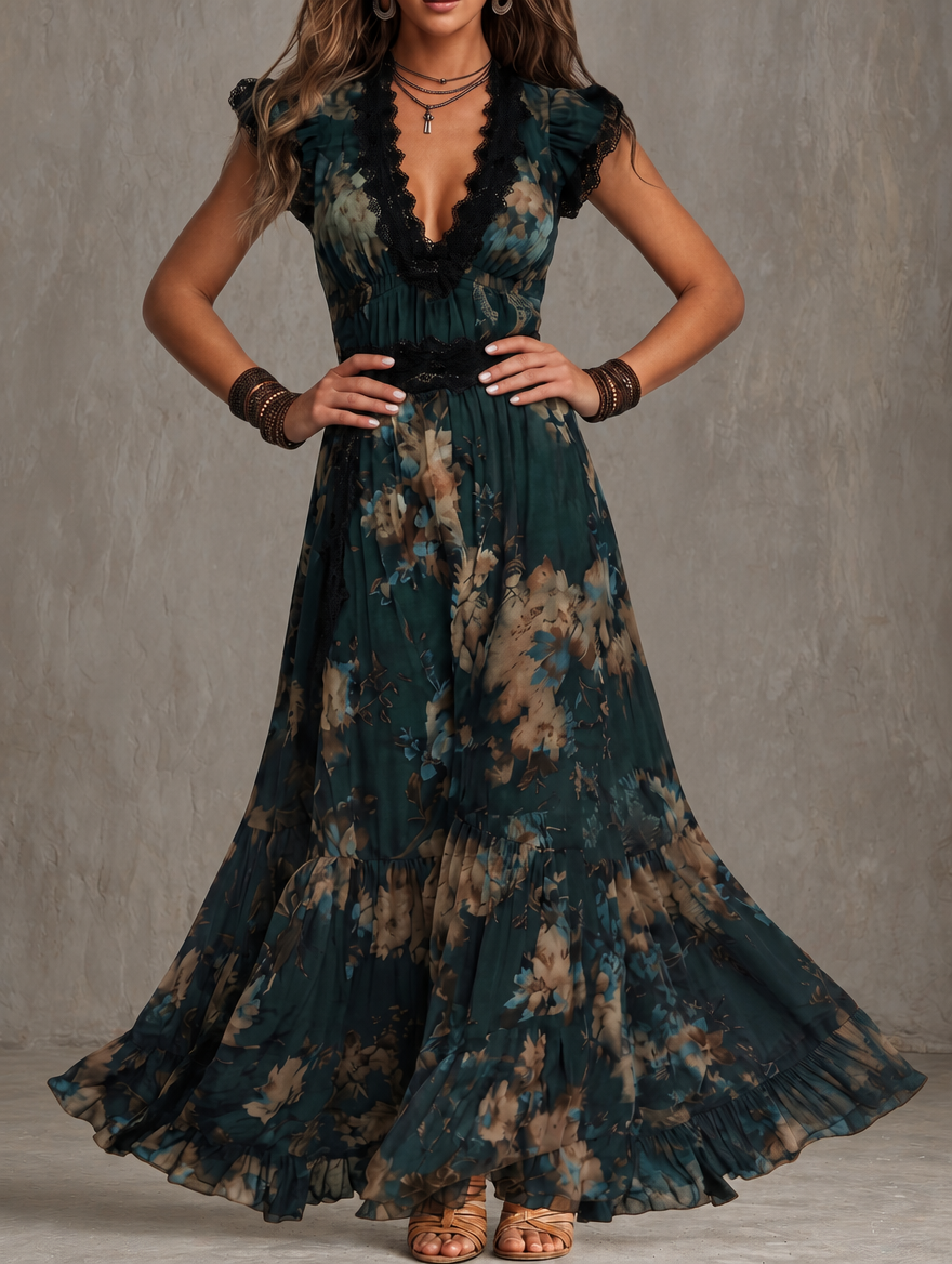 CLEMENTINA | Abito Lungo Vintage in Chiffon Verde Scuro con Pizzo Floreale