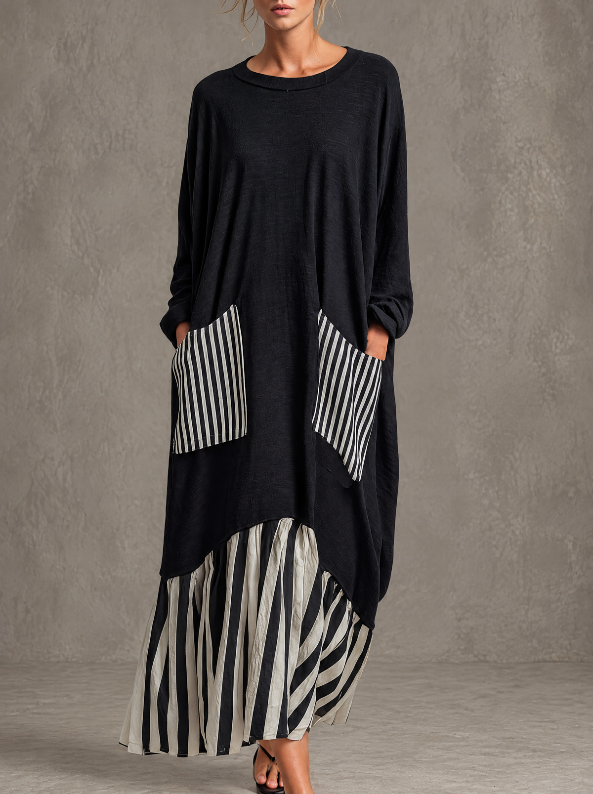 ERSILIA | Abito Lungo Oversize in Cotone con Righe Patchwork