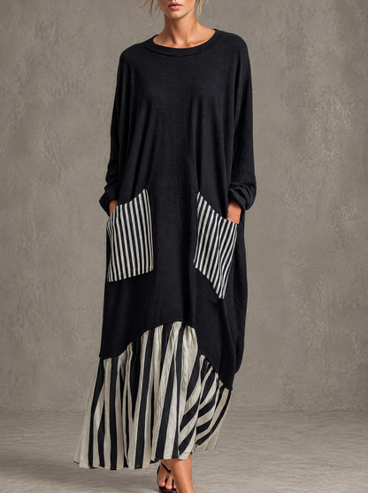 ERSILIA | Abito Lungo Oversize in Cotone con Righe Patchwork