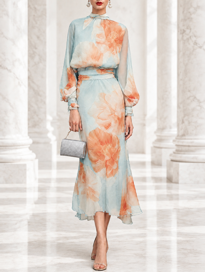 CELESTINA | Completo Top Dolcevita e Gonna Romantica a Fiori Azzurra