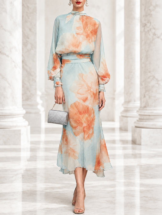 CELESTINA | Completo Top Dolcevita e Gonna Romantica a Fiori Azzurra