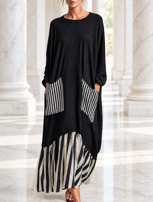 ERSILIA | Abito Lungo Oversize in Cotone con Righe Patchwork