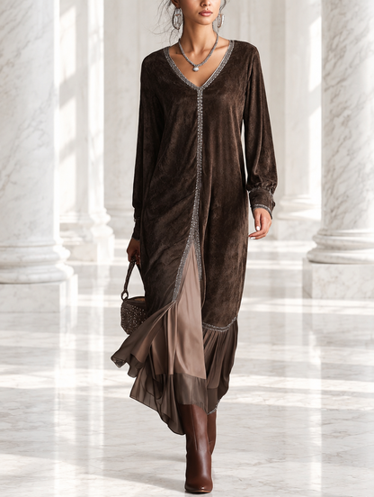 DALILA | Abito Midi Svasato in Suedine Marrone con Scollo a V