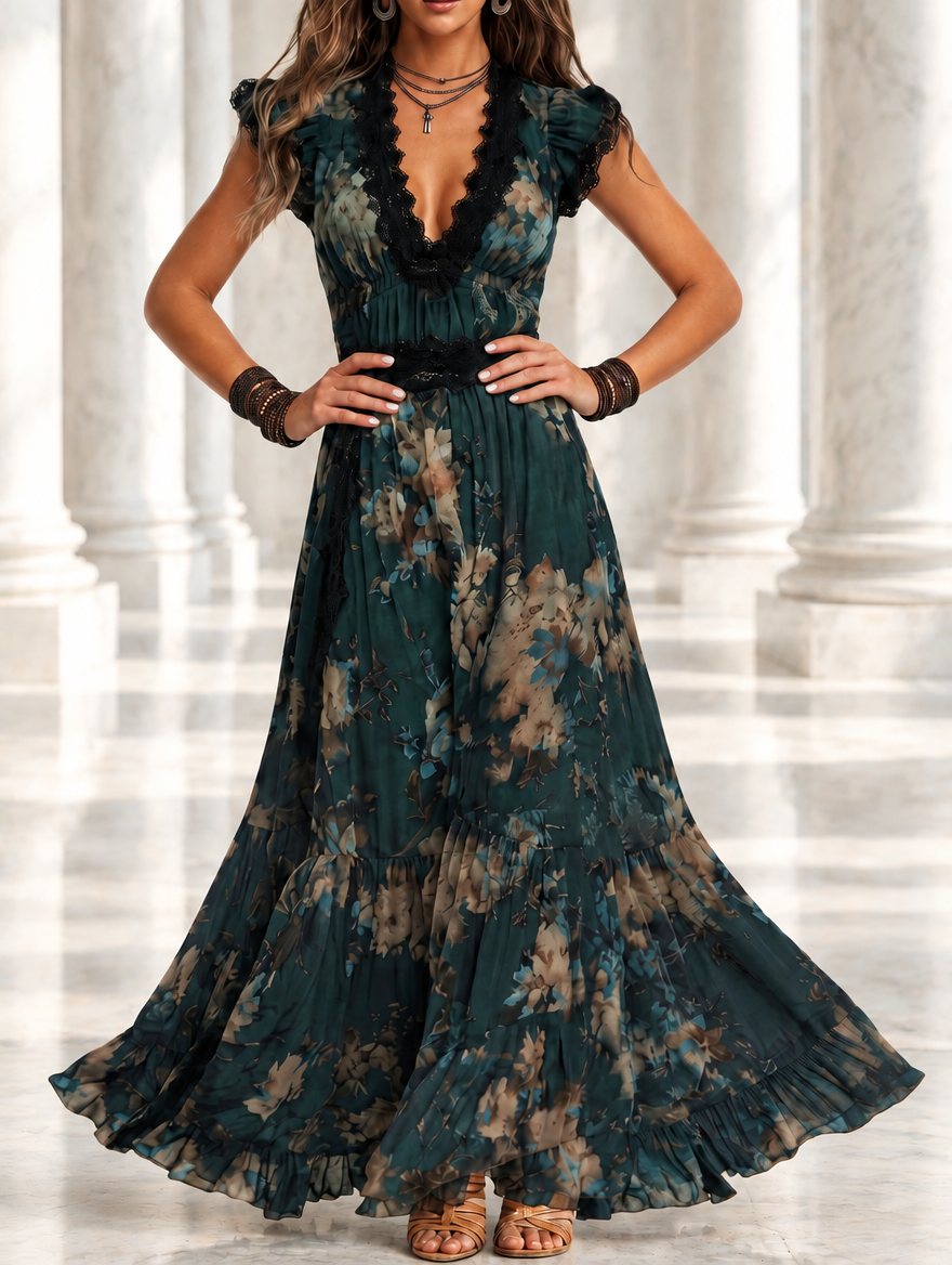 CLEMENTINA | Abito Lungo Vintage in Chiffon Verde Scuro con Pizzo Floreale