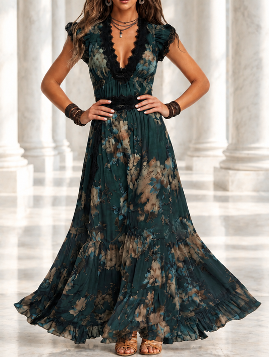 CLEMENTINA | Abito Lungo Vintage in Chiffon Verde Scuro con Pizzo Floreale
