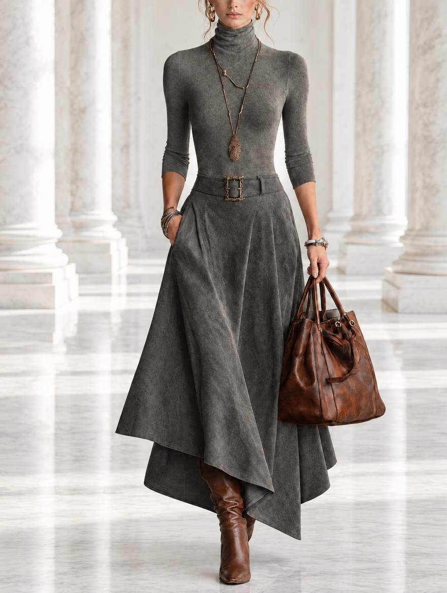 MARTINA | Completo Top Dolcevita e Gonna Midi Asimmetrica con Cintura