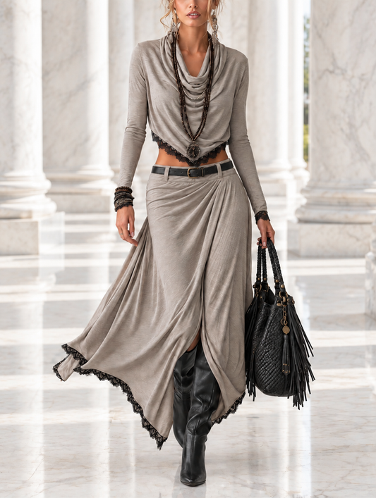 IRIS | Completo Top Corto con Scollo a Cascata e Gonna Lunga con Spacco