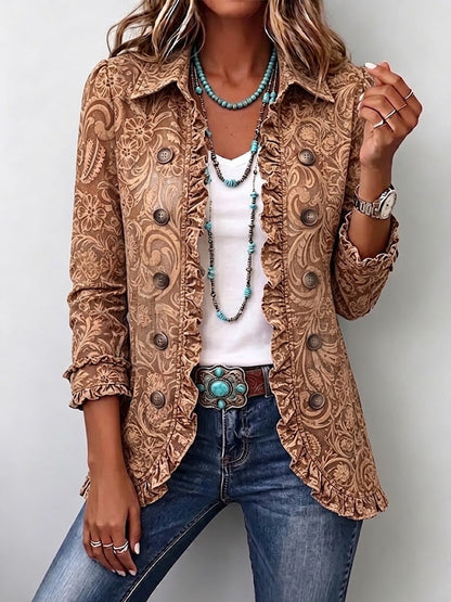 Noemi | Giacca Bohémien a Fiori Vintage Marrone con Rouches