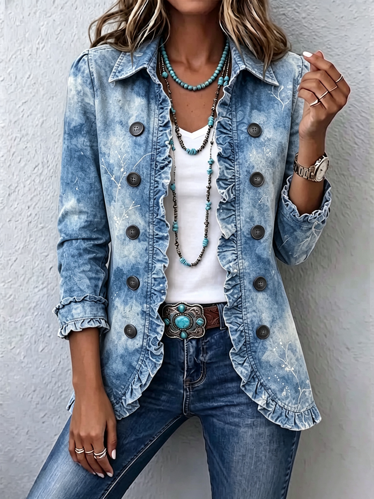 Ginevra | Giacca bohémien botanica vintage sfumata blu con ruches